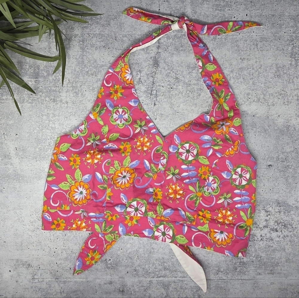 Y2K My Michelle Pink Floral Print Tie Neck & Back Halter Crop Top Size Large